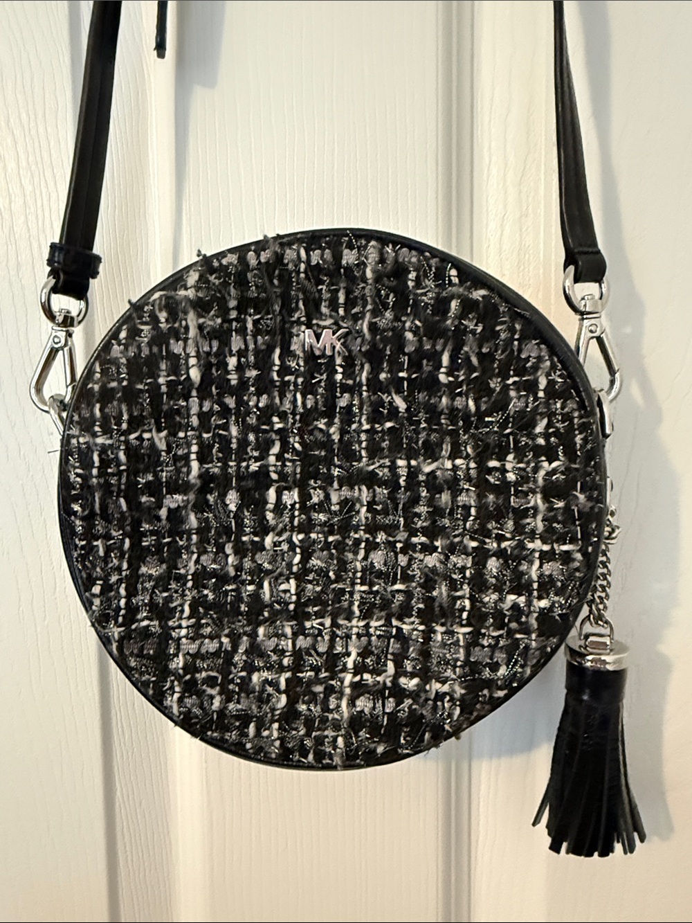 Michael Kors Black & White Tweed Round Crossbody with Tassel